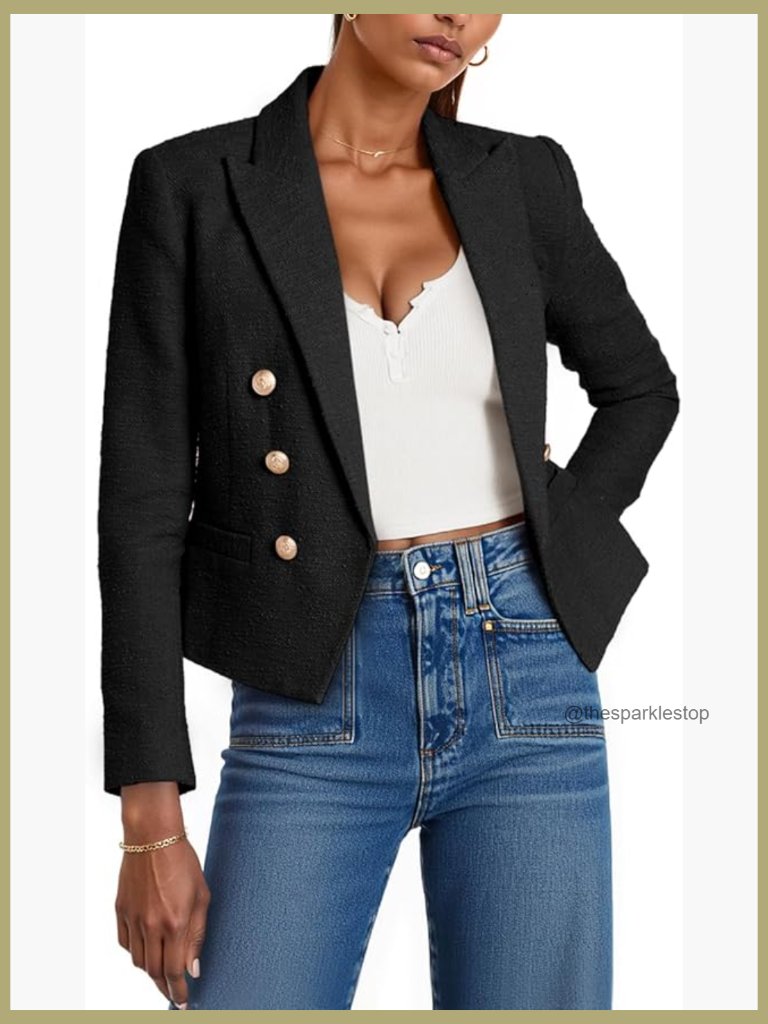 Cropped Tweed Blazer With Lapel Open Front Long Sleeve Pockets